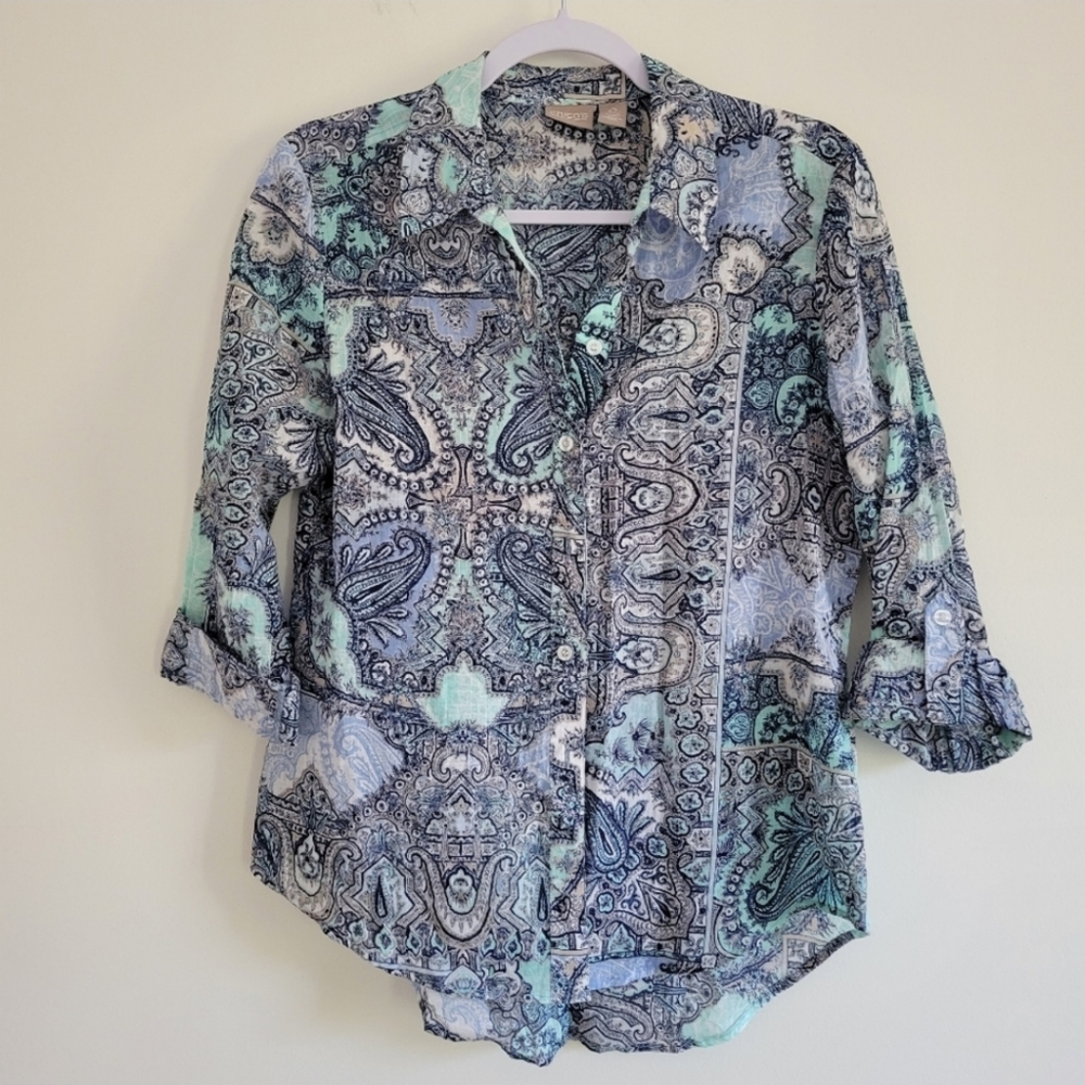 Chico's Artsy Paisley Psychedelic Mint Blue Lightweight Blouse‎ S